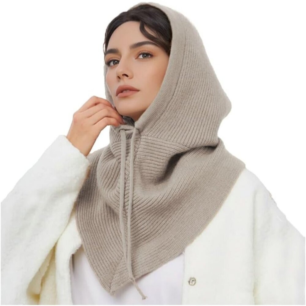 Women Light Gray Hooded Scarf Winter Beanie Hats Beanies Knitted Crochet Hat